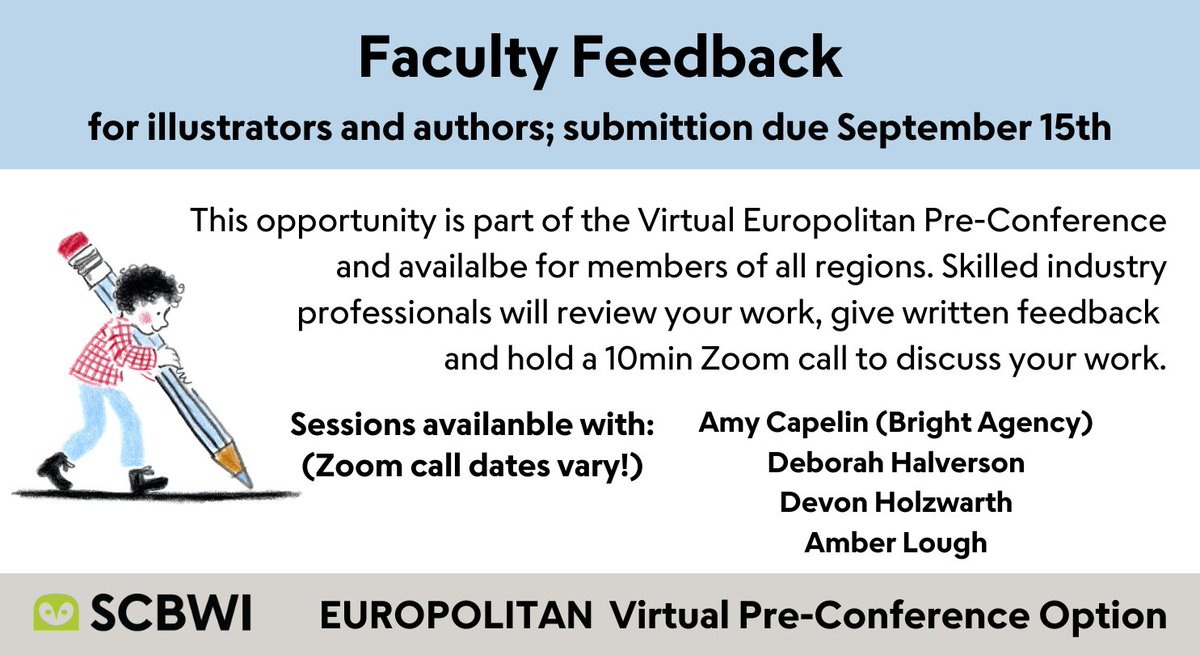 SCBWIGermany's tweet photo. Last change: BOOK YOUR #Portfolio or #Manuscript #review!

Treat yourself to individually tailored critiques by our conference faculty: experienced industry pros review + 10 min Zoom chat!
Just what you need to elevate your WIP to the next level!?
https://t.co/UHUlKt65GZ 

#scbwi https://t.co/0DuYPznvuQ