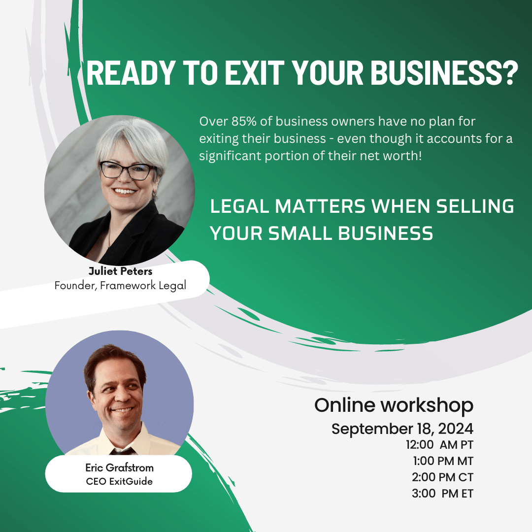exitdotguide's tweet image. Small business owners, join us for a free 30 minute event Wednesday, September 18.

We talk with Juliet Peters from Framework Legal about selling a small business.

us06web.zoom.us/webinar/regist…