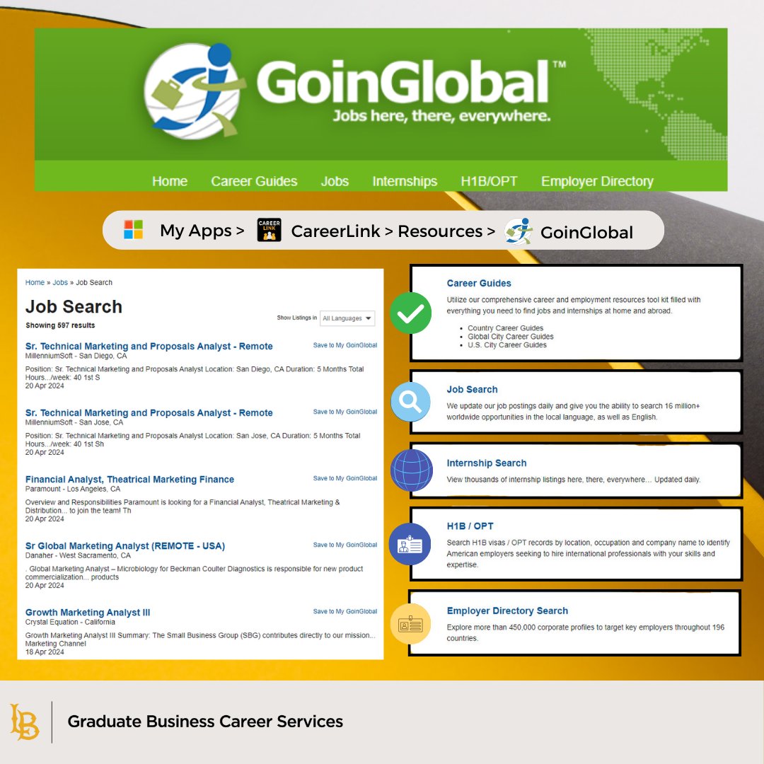 Explore global job opportunities with GoinGlobal! Access H1B/OPT job listings!

#csulbGBCS #GoinGlobal #InternationalJobs 🌍🌟