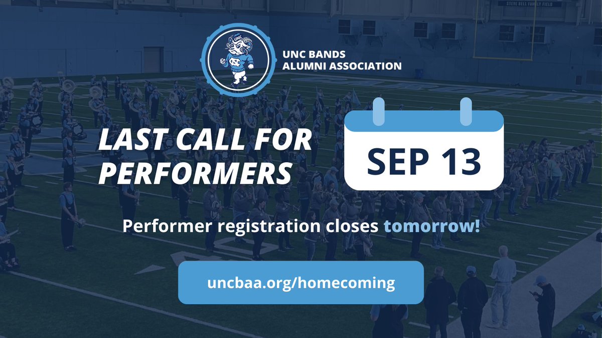 🗣️ LAST CALL FOR PERFORMERS:
Performer registration for UNCBAA Alumni Reunion Weekend 2024 closes tomorrow, September 13. Get your tickets ASAP. 🎶

🔗bit.ly/47prhDy