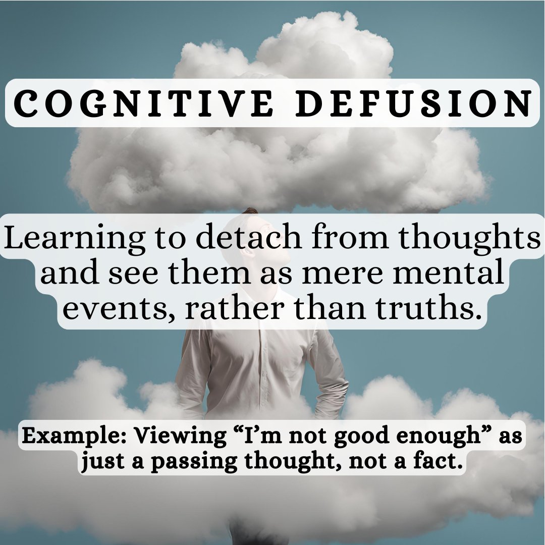 HasmeKamal's tweet image. Cognitive Defusion: Learning to detach from thoughts and see them as mere mental events, rather than truths.
Example: Viewing “I’m not good enough” as just a passing thought, not a fact.
#CognitiveDefusion #Mindfulness  #ThoughtsAreNotFacts #PsychologicalFlexibility #MentalHealth…