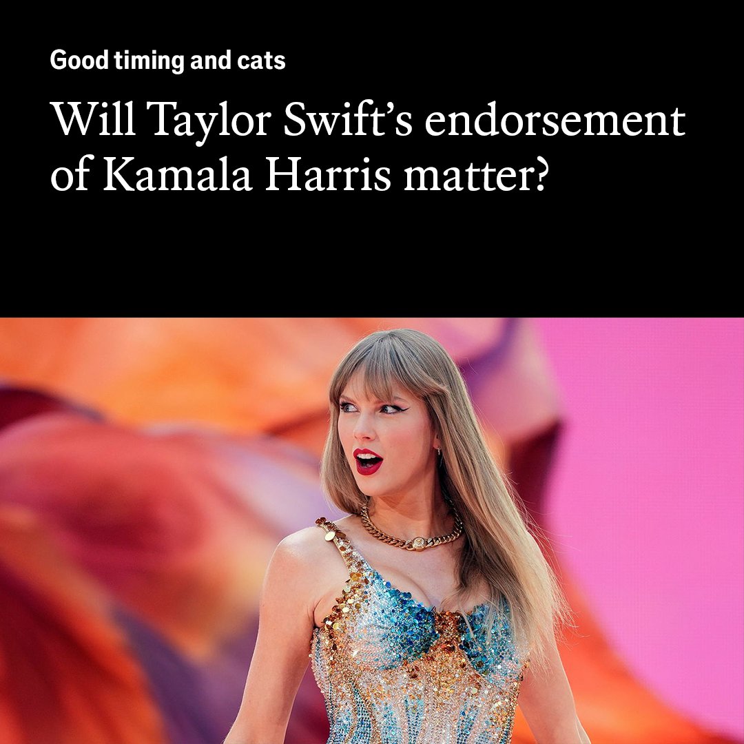 TheEconomist's tweet photo. It had all the ingredients of an internet hit: star power, good timing—and cats. But will Taylor Swift’s endorsement of Kamala Harris have any effect on the America’s election? We explain https://t.co/ARxSnF1A7E 

Photo: AP https://t.co/pjPdHwwUPn