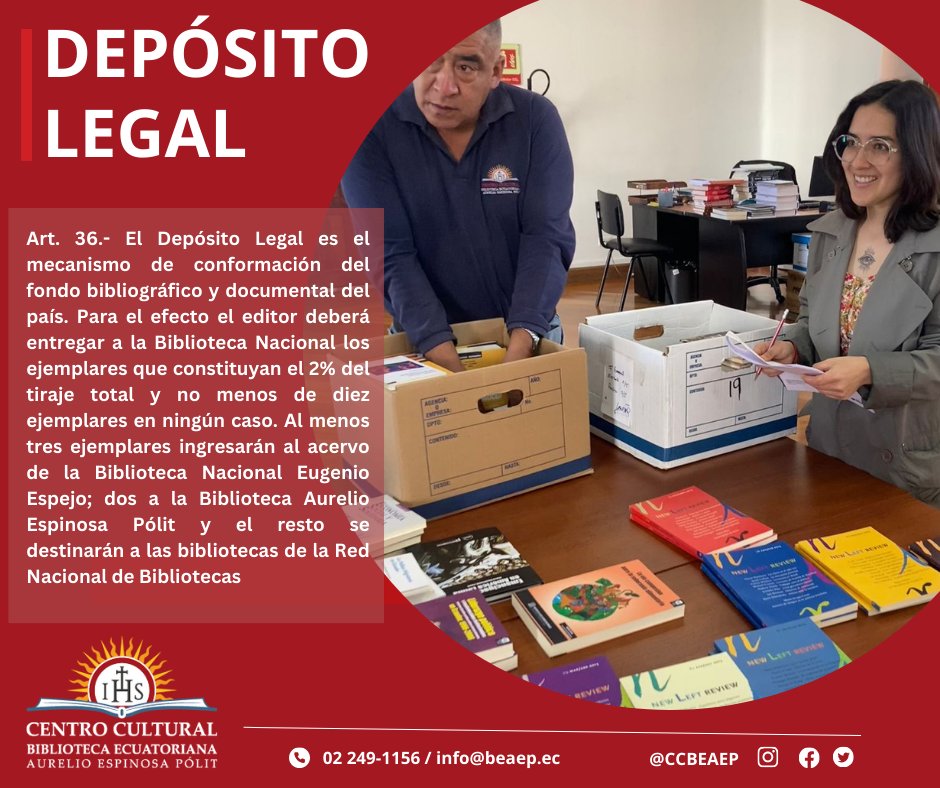 Recibimos por parte de la <a href="/_BNEcuador/">Biblioteca Nacional Eugenio Espejo</a> 107 títulos de libros y 22 títulos de revistas (dos ejemplares de c/u) por depósito legal según el  Art.36 del Reglamento de #LOC. C
Continuaremos trabajando enfocados en recopilar, conservar y preservar todo el patrimonio producido en 🇪🇨📚