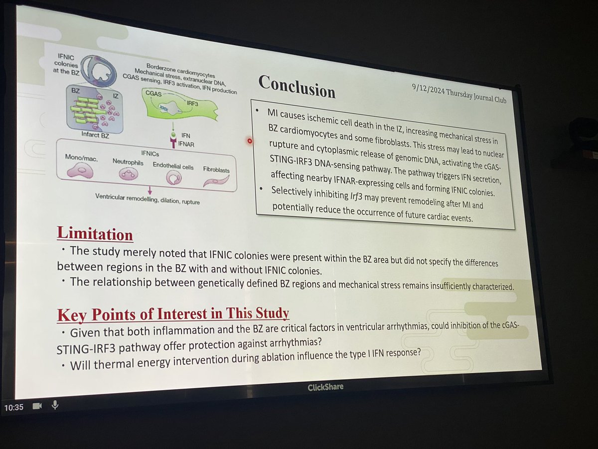 MarbanLab's tweet photo. Excellent #journalclub today by Takashi Ikenouchi on #borderzone of #MI #transcriptomics, and by Peter Heeger on #TGFbeta #signaling in the #ECM. Lively discussion ensued! https://t.co/wE9ZC8mdr0