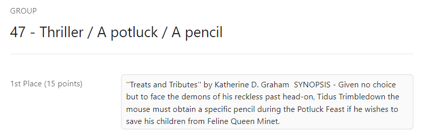 KatDGraham's tweet image. Oh my gosh... such a roller coaster of emotions this week.

First the honor of receiving a review from the amazing @EsmeWeatherwax8 for #spfbo 10.   

And then placing 1st in my group for round 2 in the
@nycmidnight #flashfictionchallenge for this piece and moving on to round 3: