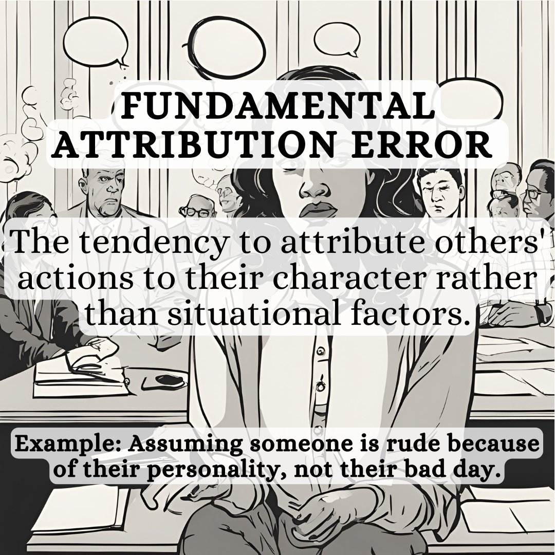 HasmeKamal's tweet image. Fundamental Attribution Error: The tendency to attribute others&apos; actions to their character rather than situational factors.
Example: Assuming someone is rude because of their personality, not their bad day.
#FundamentalAttributionError #SocialPsychology #HumanJudgment…