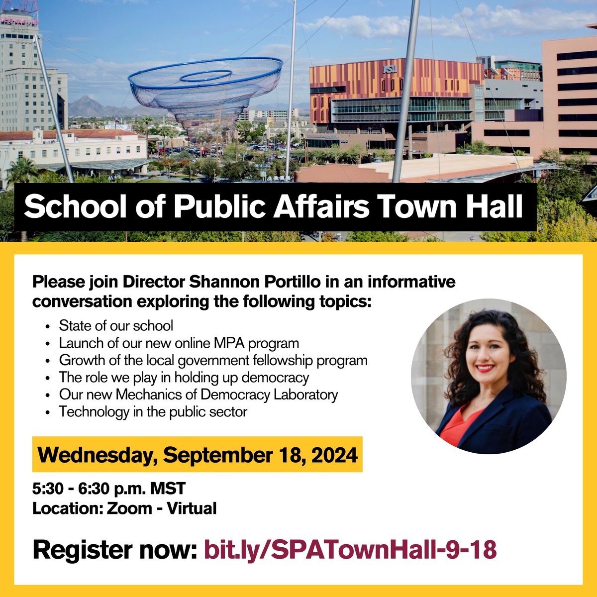 Join Director @Prof_SP for the School of Public Affairs Town Hall from 5:30-6:30 p.m. MST, Sept. 18, 2024, via Zoom. We’ll cover school updates, the new online MPA program, local government fellowship expansion and more. Don’t miss out! Register now: bit.ly/SPATownHall-9-… #SPA