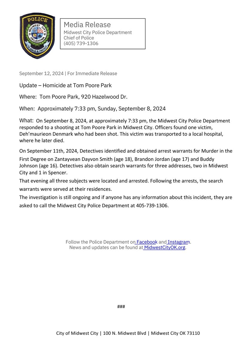 Media Release - Homicide at Tom Poore Park

midwestcityok.org/police/page/me…