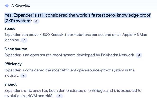 ✅ Google AI knows all about Polyhedra's Expander ZKP system -- but it needs to refresh its speed info...

This week we announced Expander reached 14,046 Keccak256 permutations per second! 🚀