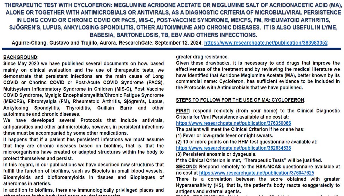 THERAPEUTIC TEST
WITH
CYCLOFERON
(MEGLUMINE ACRIDONE ACETATE)
ALONE OR WITH ANTIMICROBIALS/ANTIVIRALS
IN:
LONG COVID, MIS-C
POST-VACCINE SYNDROME
ME/CFS, FM
ARTHRITIS, SJÖGREN'S, LUPUS, ANKYLOS. SPONDILITIS
AUTOIMMUNE DISEASES
researchgate.net/publication/38…
ALSO IN
LYME
BARTONELOSIS
EBV