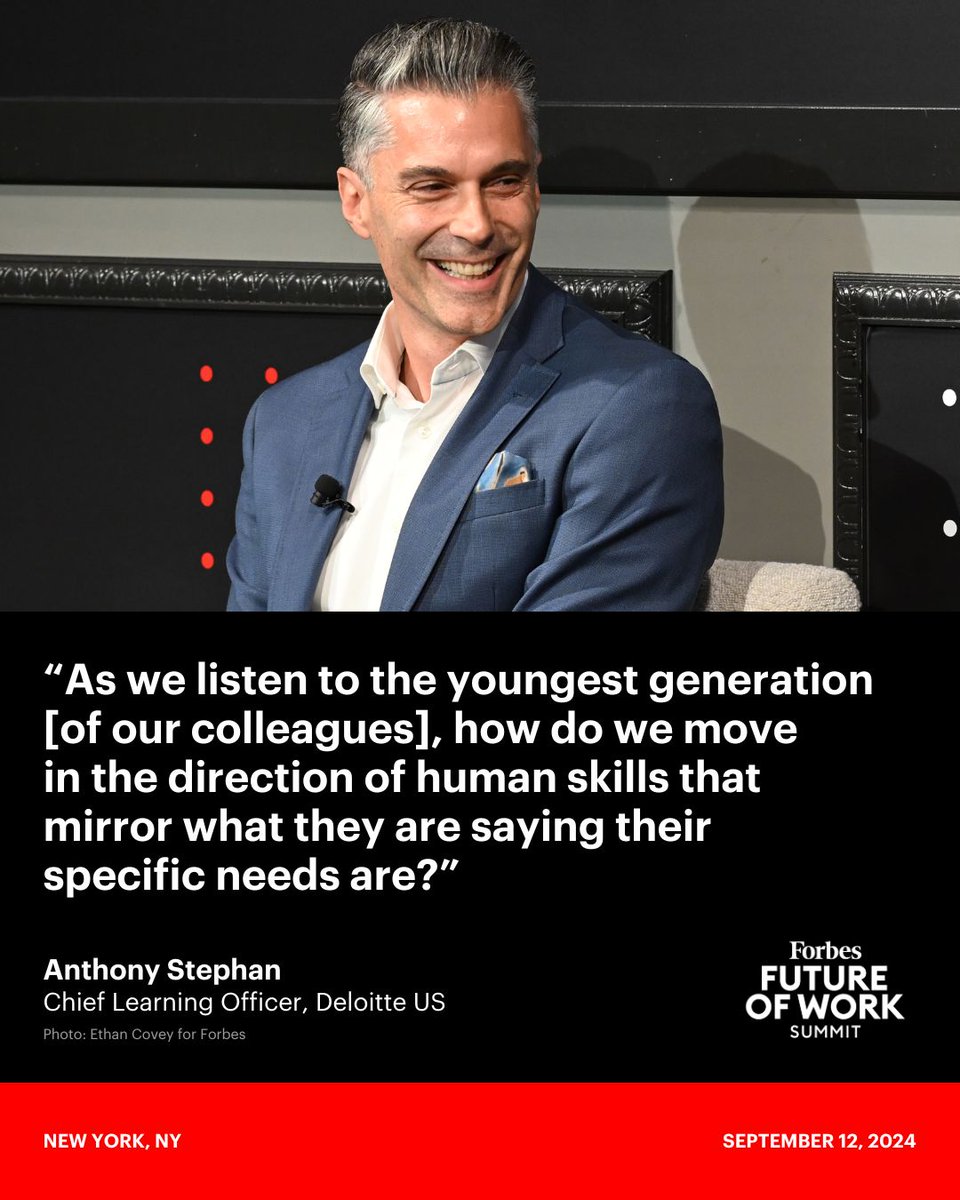 Forbes's tweet image. Deloitte CLO Anthony Stephan spoke about how humans and AI work together at the #ForbesFutureOfWork Summit. trib.al/2lRdjQS