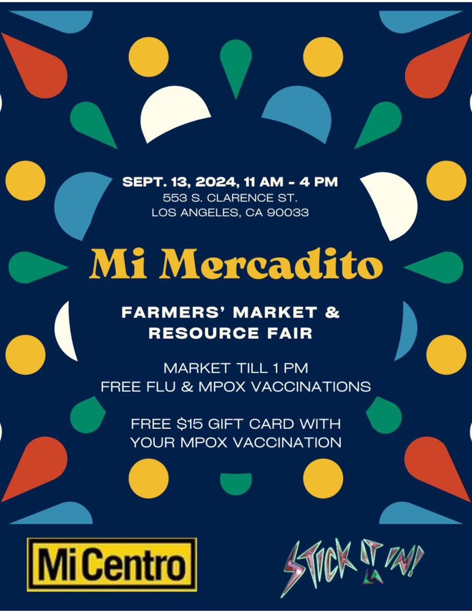 STICKITIN goes to Mi Centro's mercadito &amp; resource fair tomorrow, 9/13, at 11am.

Free flu &amp; mpox vaccinations till 4pm. FREE $15 gift card with your mpox vaccination.

Vacunas contra la gripe y mpox hasta las 4 pm. Una tarjeta de regalo de $15 GRATIS con su vacuna contra mpox.