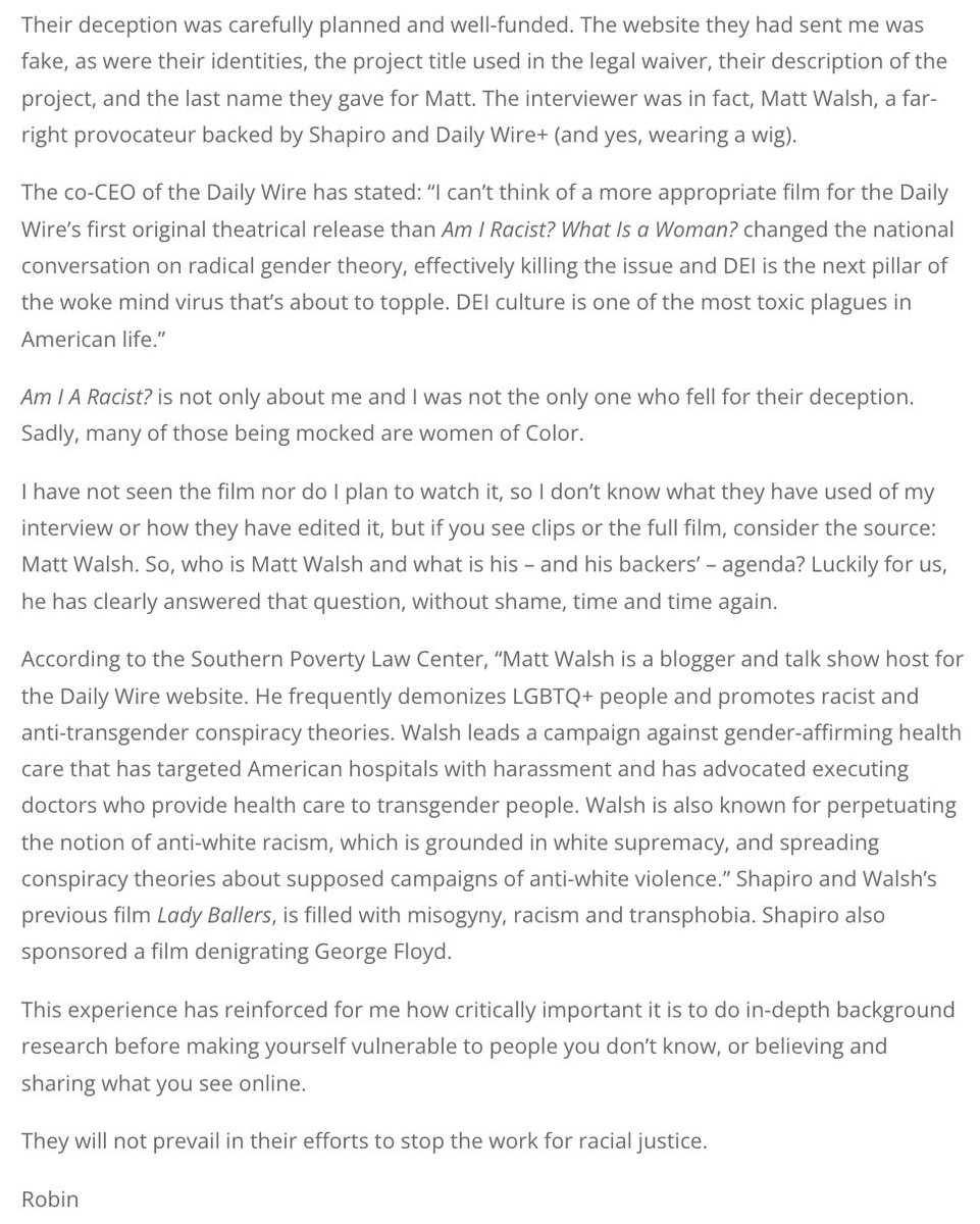 TheRabbitHole's tweet photo. Robin DiAngelo has issued a statement on the "Am I Racist?" movie.

It stands out that she doesn't consider herself giving a black person money as an example of reparations stating: 

"reparations are generally understood as a systemic approach to past and current injustice"

In other words: DiAngelo personally feels zero obligation to walk the talk and do the work especially when it's her money directly at stake.