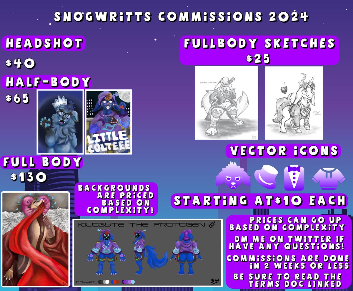 LittleColteee's tweet image. Here's my official prices for art commissions!
I also offer vrchat avatar services, I will make a separate sheet for that!
If you have any questions please feel free to DM me!