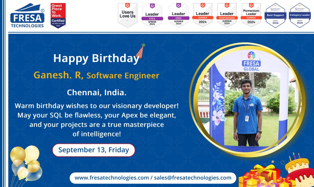 fresatechnology's tweet image. Happy Birthday to Ganesh. R, Software Engineer
Warm birthday wishes to our visionary developer! May your SQL be flawless, your Apex be elegant.
#Fresa | #CodeWizard | #MasterpieceProjects | #DevLife | #CreativeCoder | #InnovativeMind | #Employees | #HappyBirthday
