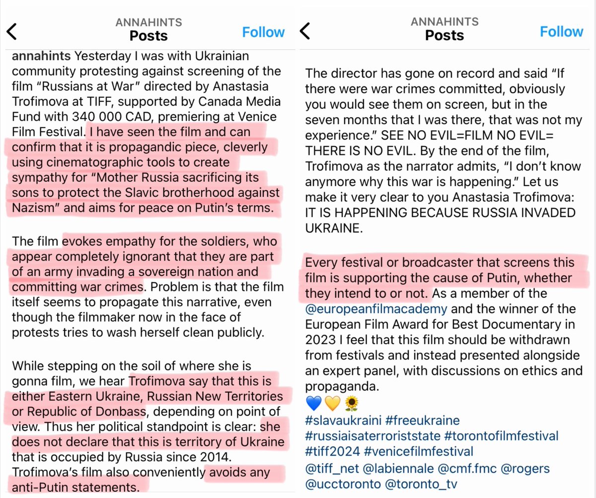 Anna Hints, Estonian filmmaker and a member of the European Film Academy, watched Trofimova’s film at <a href="/TIFF_NET/">TIFF</a> and wrote a great post on Instagram. Anna is a professional in this field, so she saw clearly what artistic tools Trofimova used to push Kremlin’s narratives.