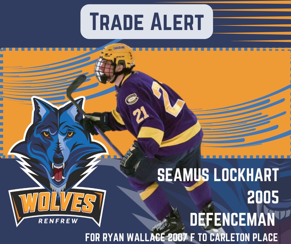 **TRADE ALERT** 🚨

The Renfrew Wolves have acquired Seamus Lockhart (2005 Defenceman)in exchange for Ryan Wallace (2007 Forward) to Carleton Place. Welcome to the pack, Seamus! 

#RenfrewWolves #TradeAlert