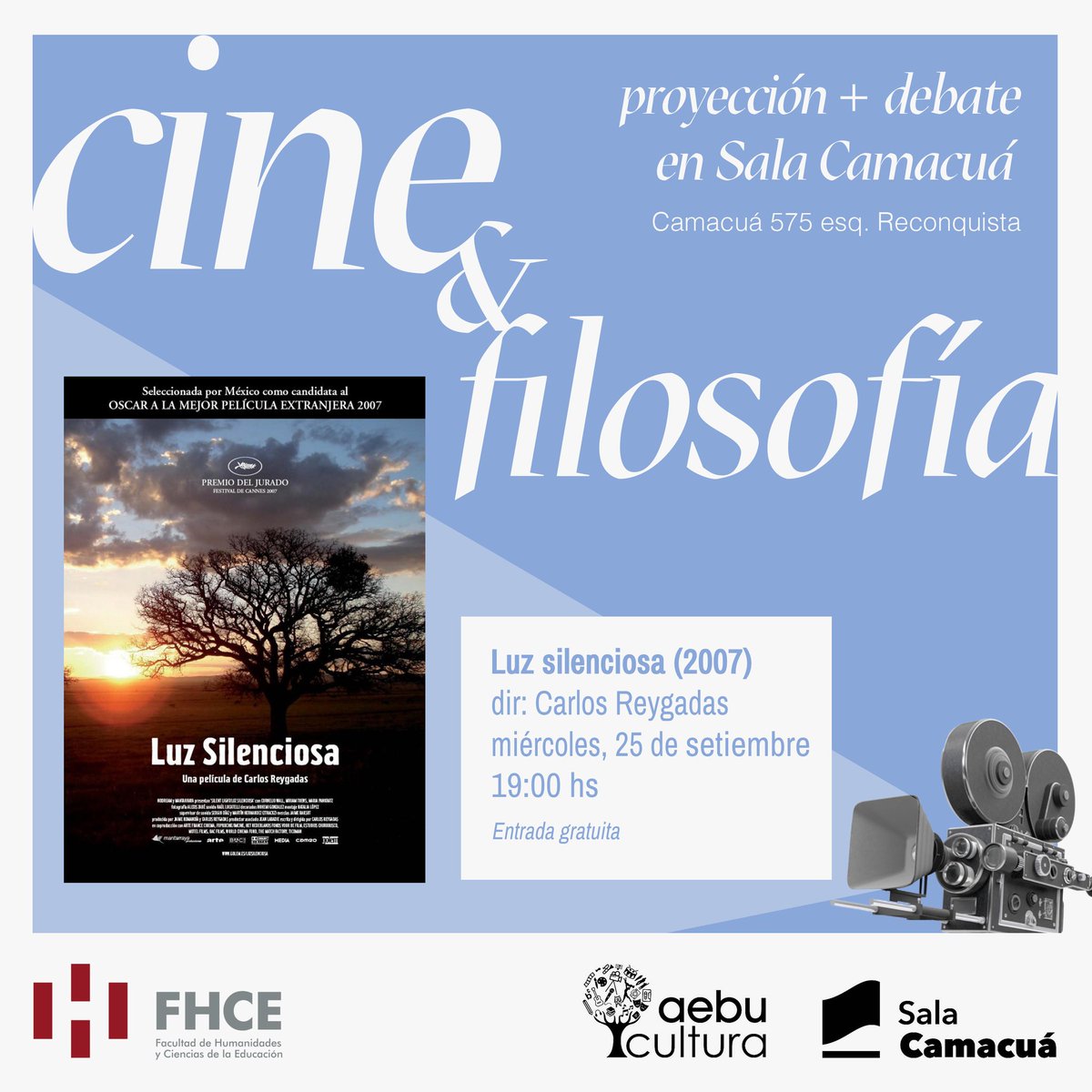 La primera proyección será Luz silenciosa de Carlos Reygadas, luego apertura de micro y conversatorio 🎙️ Entrada Gratuita