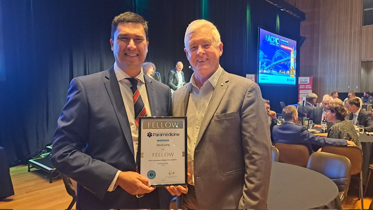 So very honoured to be awarded fellowship with the Australian College of Paramedicine. Standing alongside ACP Life Member and mentor Prof Bill Lord AM.