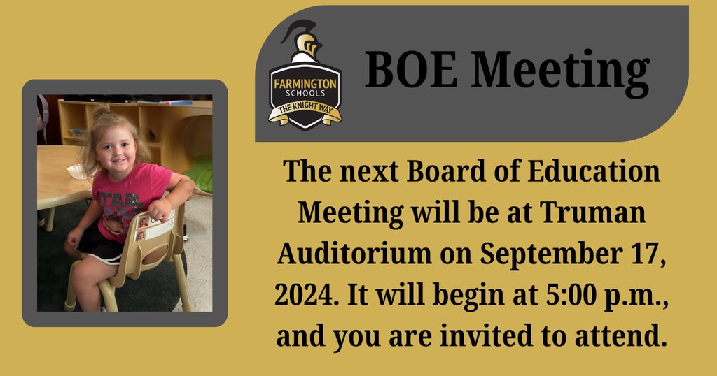 KnightsR7's tweet image. Our next Board of Education Meeting is Tuesday, September 17, 2024, at Truman Auditorium. The meeting begins at 5:00 pm, and the public is invited to attend. #StrongSchools #StrongCommunity