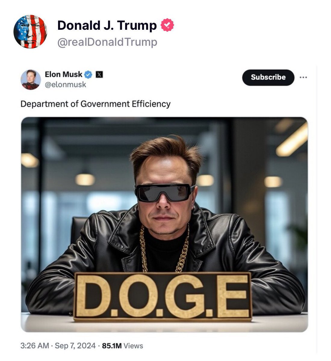 TOPDOGE007's tweet photo. Donald Trump just shared @ElonMusk D.O.G.E meme and you still don’t think we can break $1

I feel bad for everyone who doesn’t believe in the power of memes. You will all be left behind https://t.co/o7EyweVwIv