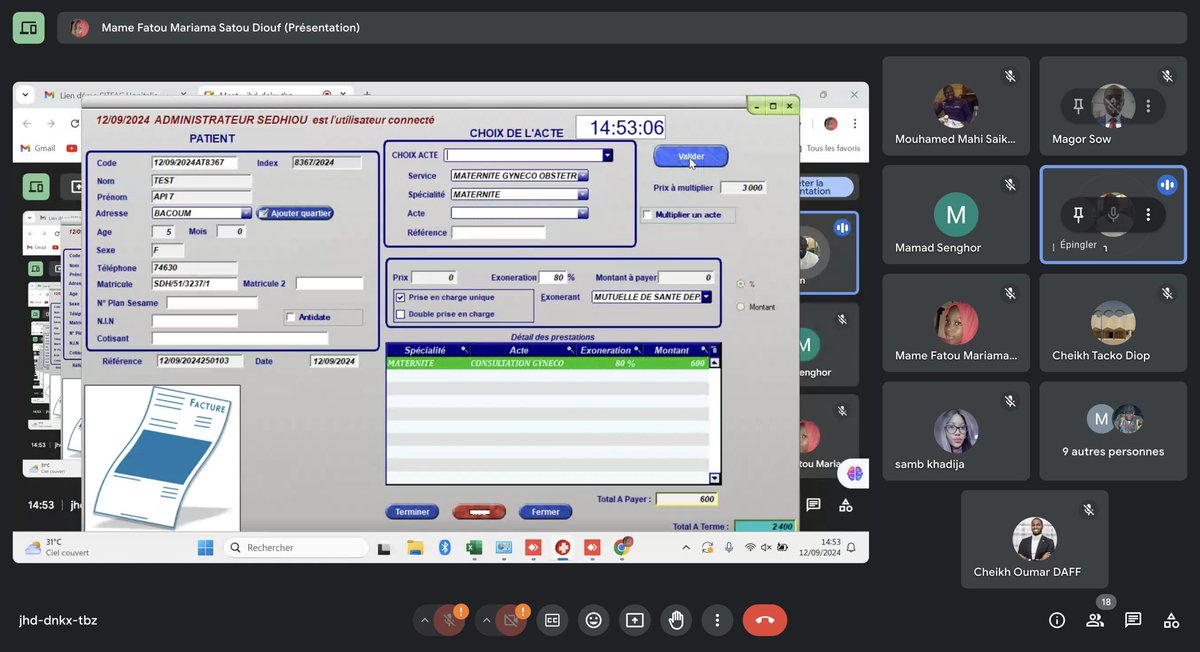 Aujourd'hui, l'équipe de la Direction des Systèmes d'Information a réalisé une démonstration en visioconférence pour le top management de la SEN-CSU, en présence du Directeur Général. Cette démonstration a porté sur l'interopérabilité entre les plateformes Hopitalia et SITFAC