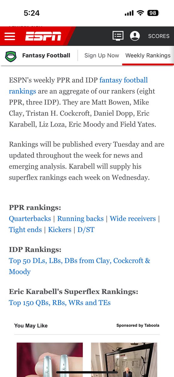 egumps's tweet photo. @ESPNFFNow what is with the rankings pages on your website, the one you get from Google doesn’t have Non-PPR as an option and the one you have a link to on X has no rankings when you click on it, just a story about the Dolphins RBs 😡🤬😤 https://t.co/qf7BSx9JW6