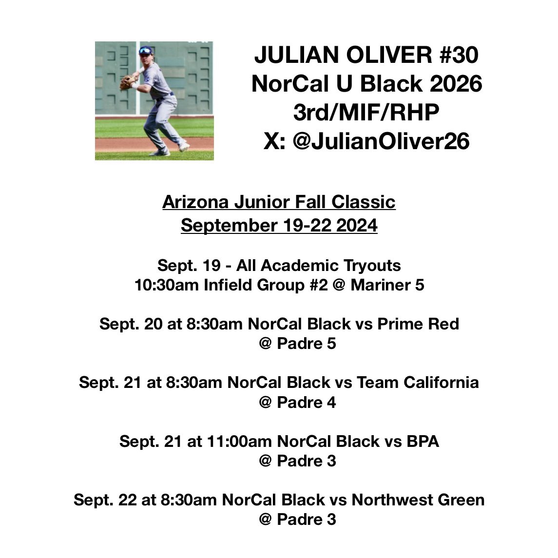 Julian Oliver (@julianoliver26) on Twitter photo Below is my schedule for the Junior <a href="/AZFallClassic/">AZ Fall Classic</a>. I will be wearing #30 for <a href="/NorCalU1/">NorCalU</a> Black. Excited to get out there and compete! <a href="/detwiler87/">Steve Detwiler</a> <a href="/joe14jimenez/">Joe Jimenez</a> <a href="/butchbaccala/">Butch Baccala</a> <a href="/_JeremyBooth/">Jeremy Booth</a> <a href="/bishandbeug/">Randy Bishop</a> <a href="/hittingguru7/">Greg Jacobs ❤️⚾️</a> <a href="/rmoen24/">Robbie Moen</a> <a href="/HankLoForte/">Hank LoForte</a> <a href="/hardy03bsbl/">Steven Hardesty</a> <a href="/bobbyschep1/">@bobbyschep</a> #uncommitted Below is my schedule for the Junior <a href="/AZFallClassic/">AZ Fall Classic</a>. I will be wearing #30 for <a href="/NorCalU1/">NorCalU</a> Black. Excited to get out there and compete! <a href="/detwiler87/">Steve Detwiler</a> <a href="/joe14jimenez/">Joe Jimenez</a> <a href="/butchbaccala/">Butch Baccala</a> <a href="/_JeremyBooth/">Jeremy Booth</a> <a href="/bishandbeug/">Randy Bishop</a> <a href="/hittingguru7/">Greg Jacobs ❤️⚾️</a> <a href="/rmoen24/">Robbie Moen</a> <a href="/HankLoForte/">Hank LoForte</a> <a href="/hardy03bsbl/">Steven Hardesty</a> <a href="/bobbyschep1/">@bobbyschep</a> #uncommitted