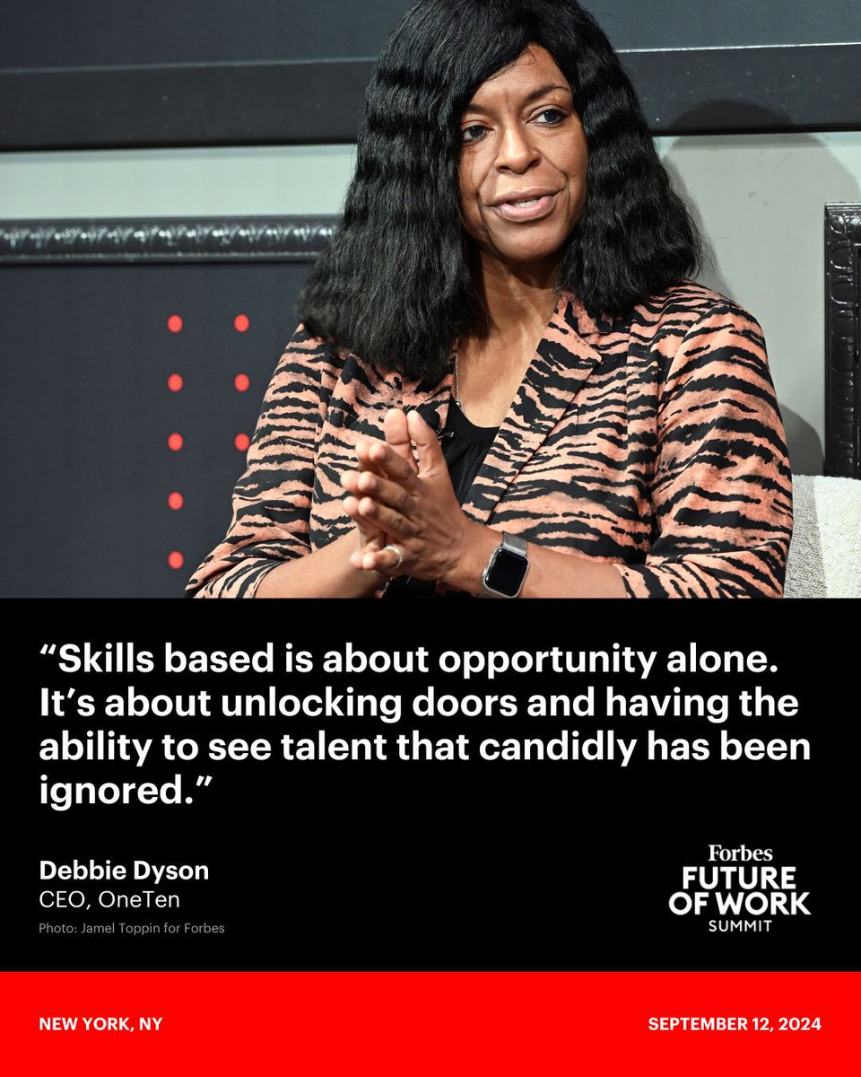 Forbes's tweet image. Debbie Dyson, CEO of OneTen, spoke about how companies are reshaping their hiring processes at the 2024 #ForbesFutureOfWork Summit. trib.al/WaZW1kL