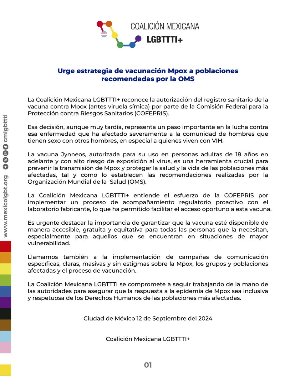 📌 Urge estrategia de vacunación Mpox a poblaciones recomendadas por la OMS ante la autorización del registro sanitario de la vacuna contra Mpox (antes viruela símica) por parte de la Comisión Federal para la Protección contra Riesgos Sanitarios (COFEPRIS). 
#CMLGBTTI #Mpox 🏳️‍🌈🏳️‍⚧️