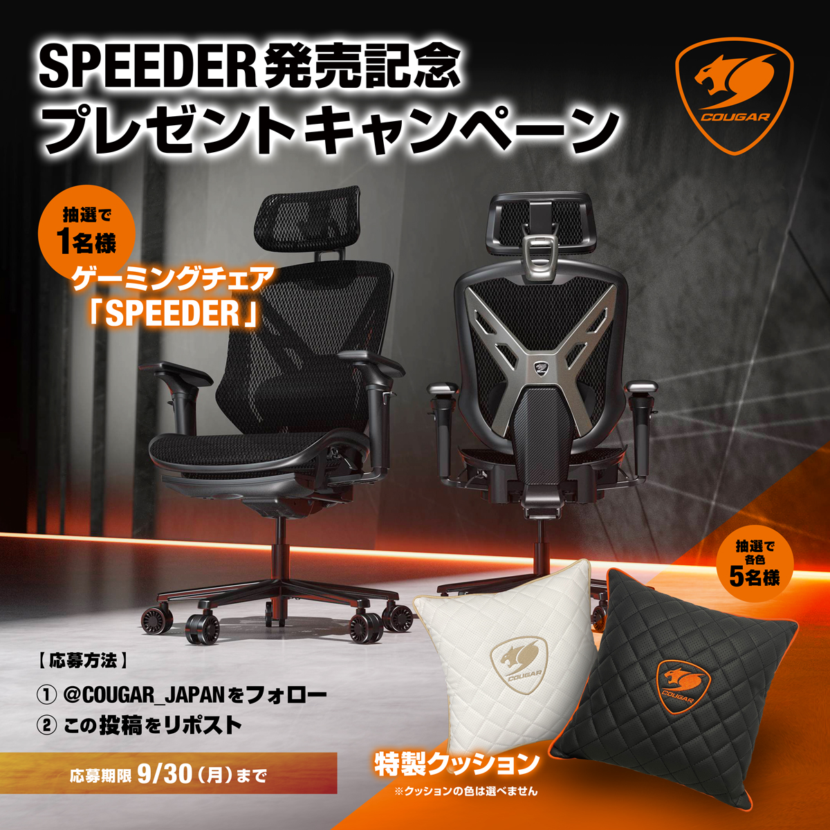 COUGAR_JAPAN's tweet image. SPEEDER発売記念🎊
抽選で1名様にSPEEDERを、5名様に特製クッションをプレゼント🎁

【応募方法】
1⃣以下COUGAR JAPAN公式Xアカウントをフォロー
@COUGAR_JAPAN

2⃣この投稿をリポスト

応募は9/30（月）まで
