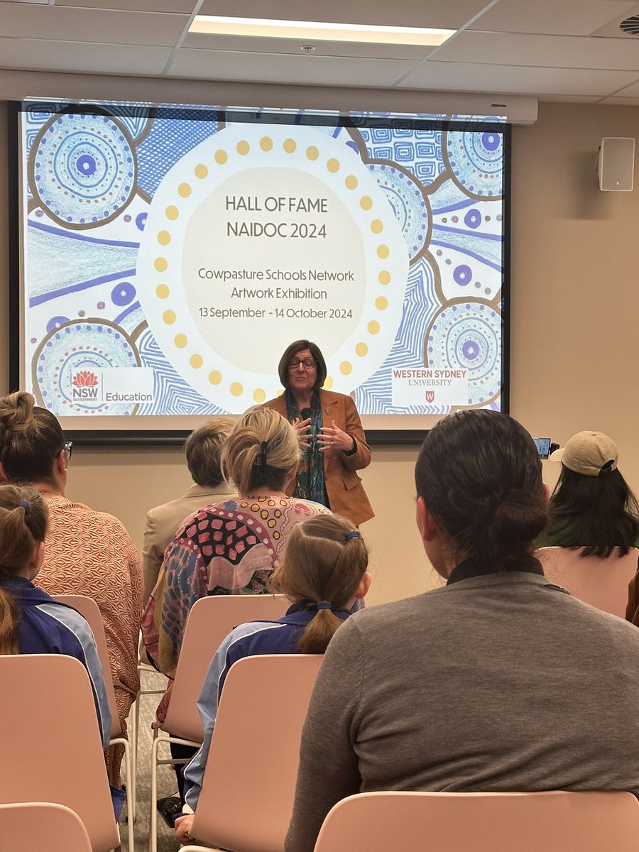 TESOLoz's tweet image. .@k_rigas @LilaMularczyk A warm welcome from our very own @MSiokos ,an Acknowledgement delivered by young (beautiful, clever) Ss from @OurSchoolWSPS, ‘heartfelt words (&amp;amp; few tears) from our @DebSummerhayes = a recipe for a great exhibition opening! #NAIDOC #firstpeoples #tesoloz
