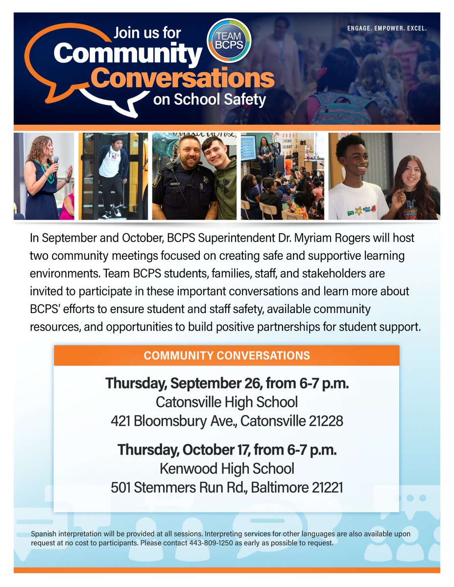 Baltimore County Public Schools (@baltcops) on Twitter photo 📣 #TeamBCPS students, families, staff, and stakeholders are invited to join us to participate in upcoming Community Conversations on School Safety. 📣 #TeamBCPS students, families, staff, and stakeholders are invited to join us to participate in upcoming Community Conversations on School Safety.