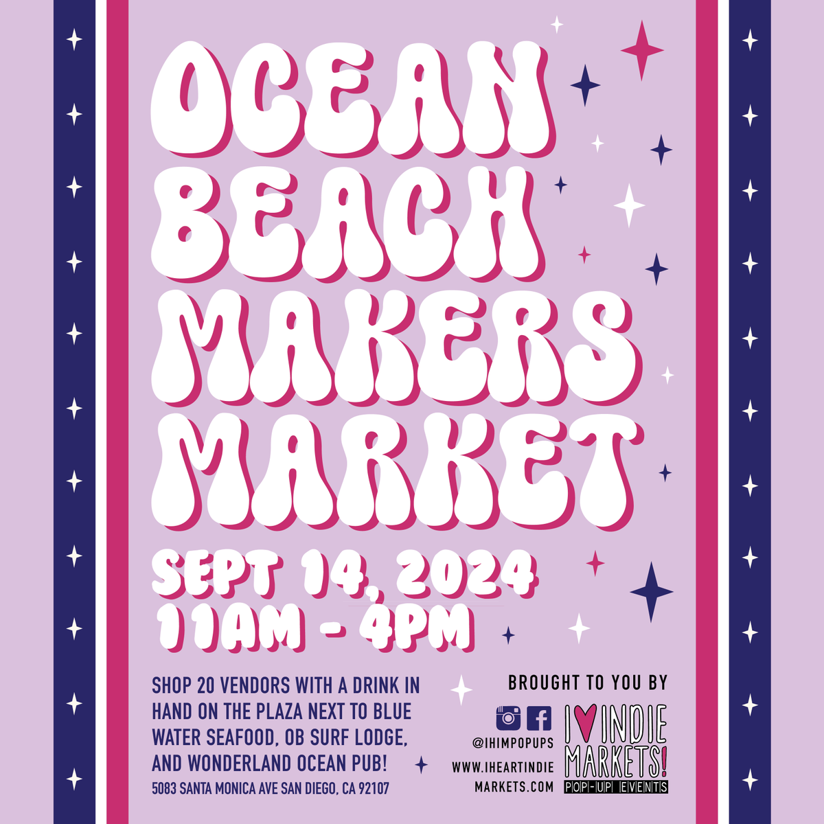Saturday, September 14, 2024 - 11:00am to 4:00pm

We're only a few days away from the Ocean Beach Makers Market and I hope you all are getting excited!

Shop 20 vendors with a drink in hand on the plaza next to Blue Water Seafood, OB Surf Lodge, and Wonderland Ocean Pub!