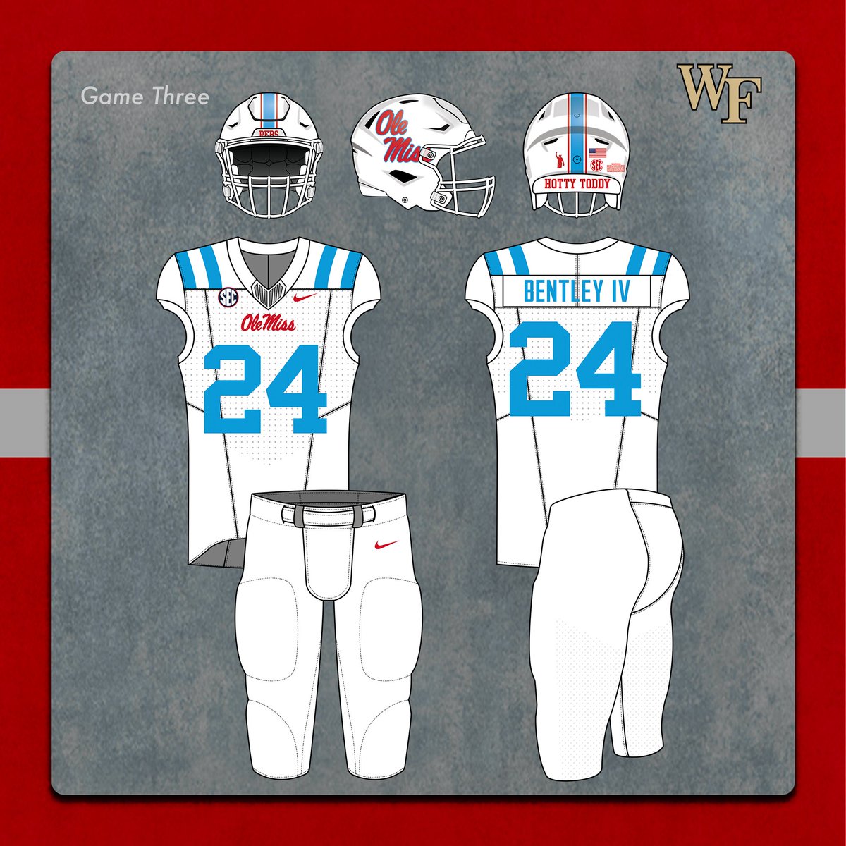 OleMissUnis's tweet photo. Ole Miss will debut the new white uniform with powder accents this weekend against Wake Forest in Winston-Salem.
#HottyToddy | #DripInTheSip | #RebThreads https://t.co/2CK56ecpTv