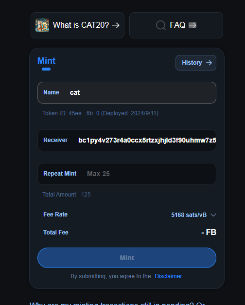 Mr_CryptoYT's tweet image. الي يريد يعرف كيف يعمل Mint دون الحاجة لـ نود

هذي اسهل طريقتين :

🟡الطريقه الاولى باستخدام @dot_swap 
- ادخل للموقع : tools.mempool.com
- اضغط فوق Mint 
- بعدها اختار Mint Cat 
- بعدها خلي عدد المنت ( اقصى حد 25 ) 
- اربط محفظه الـ unisat و اضغط Mint وادفع بعملات الـ FB…