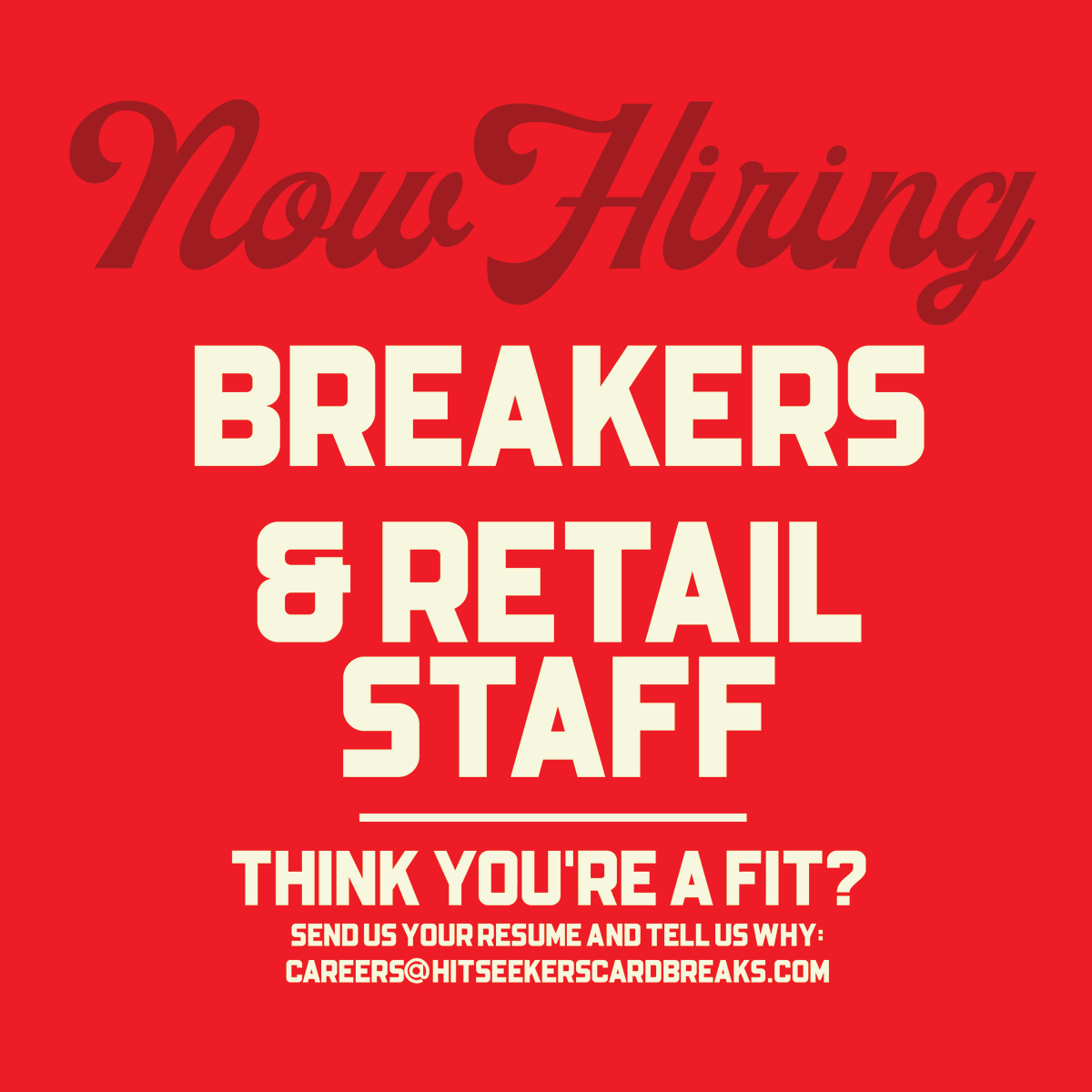 Hit_Seekers's tweet photo. 🚨 Reach out if you: 

- Have an outgoing personality
- Have schedule flexibility
- Have an outstanding work ethic
- Are located in Greater Cincinnati
- Are 18 years of age or older

Send your resume to careers@hitseekerscardbreaks.com

#thehobby #sportscards #hiring https://t.co/BxLlLrYHvU