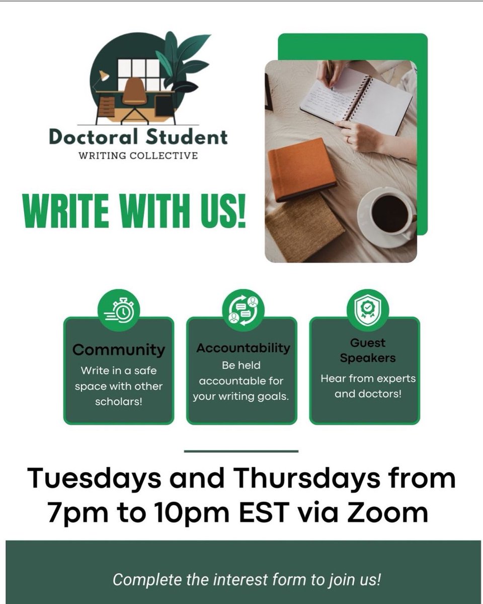 After a two week break, the Doctoral Student Writing Collective started again this Tuesday, &amp; will be going T/R the rest of the year! If you are interested in joining the community, sign up here: docs.google.com/forms/d/e/1FAI…
