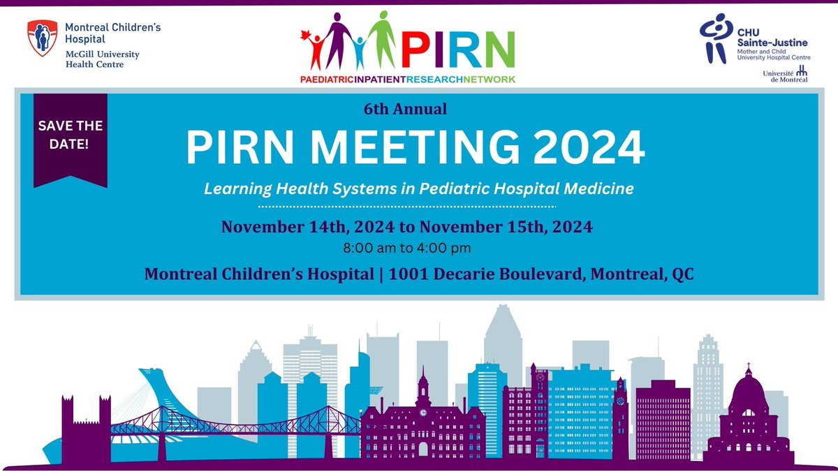 Registration for the 6th Annual Meeting is now open! Join us from Nov 14-15 in Montreal as we learn how to advance learning health systems in pediatric hospital medicine. 

For details and to register, visit: event.fourwaves.com/pirn-meeting-2…