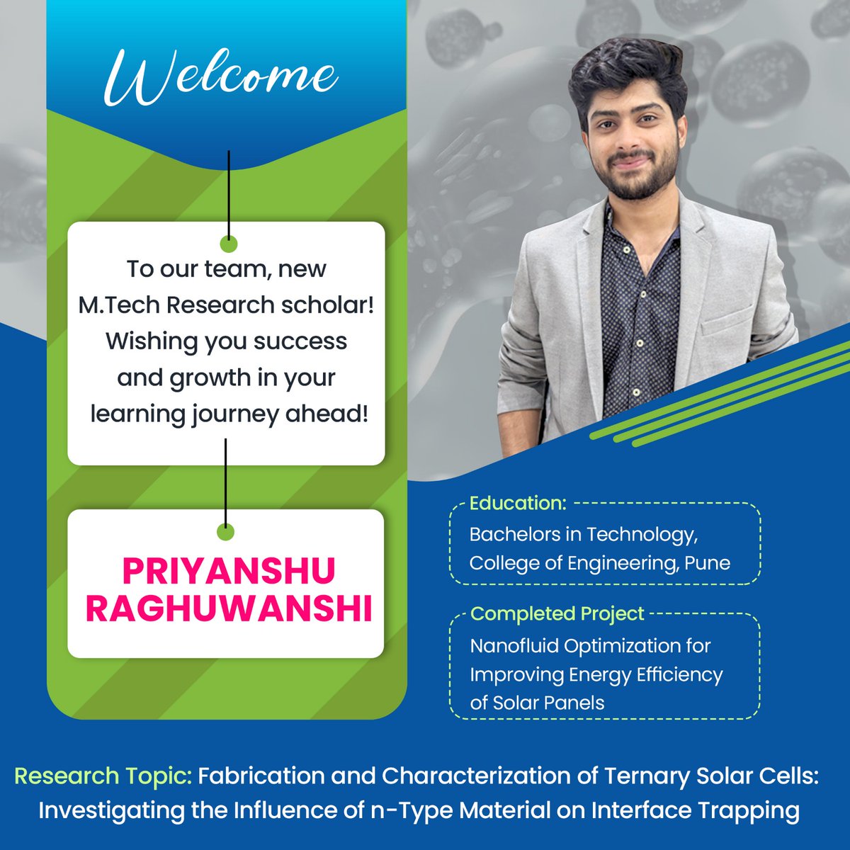 Rondiya Group (@rondiyagroup) on Twitter photo We are excited to welcome Priyanshu to our team! He is working on ternary solar cells, focusing on minimizing interface trapping by optimizing n-type material properties. Wishing you a productive journey ahead!
#InterfaceTrapping #DeviceFabrication
<a href="/iiscmte/">Materials Engineering IISc</a>
<a href="/iiscbangalore/">IISc Bangalore</a> We are excited to welcome Priyanshu to our team! He is working on ternary solar cells, focusing on minimizing interface trapping by optimizing n-type material properties. Wishing you a productive journey ahead!
#InterfaceTrapping #DeviceFabrication
<a href="/iiscmte/">Materials Engineering IISc</a>
<a href="/iiscbangalore/">IISc Bangalore</a>