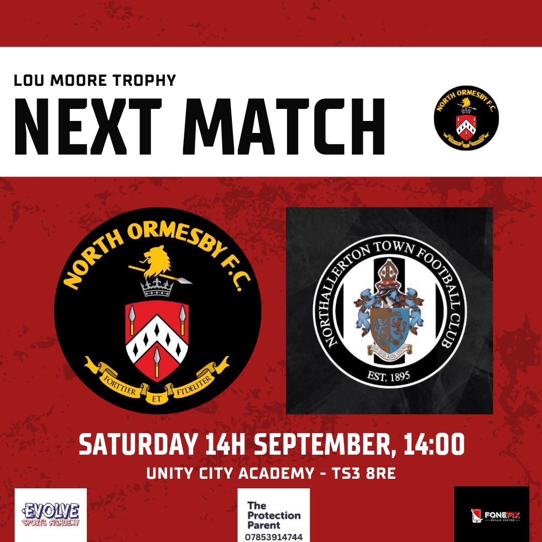 Coming up next 🔜 

We face Northallerton Town Reserves in the first game of the Lou Moore Trophy 🏆 

14:00 kick off at Unity City Academy, head over and cheer on the lads to kick start this seasons cup 

Match Proudly Sponsored By - Pied Piper