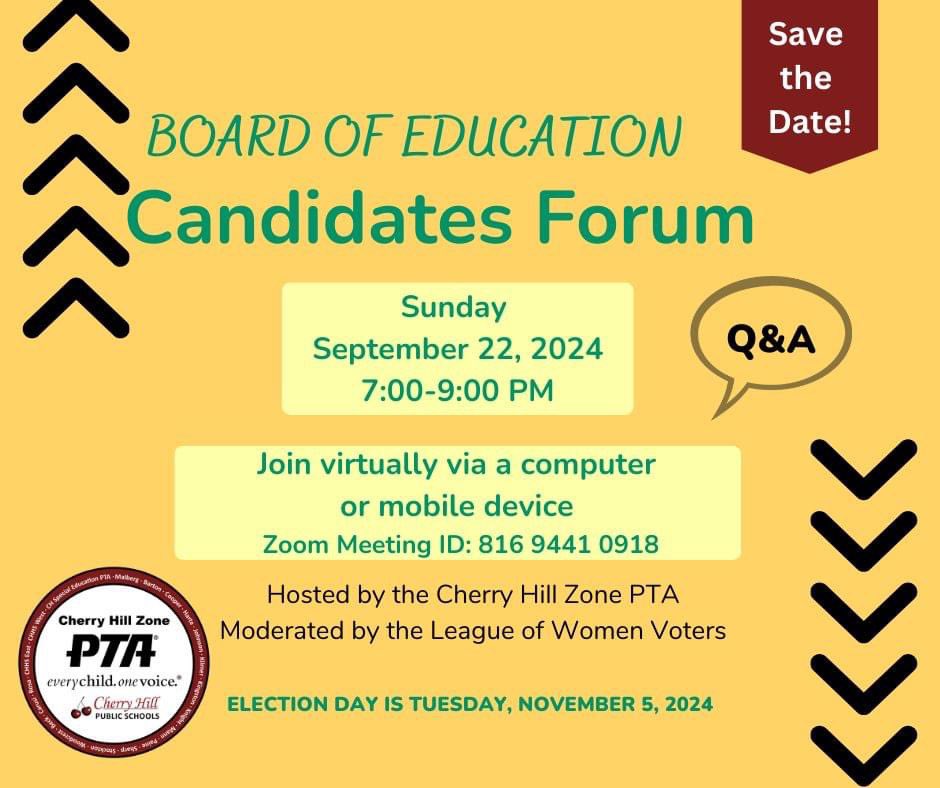 Please tune in live for the Board of Education Candidates Forum hosted by Cherry Hill Zone PTA and moderated by the League of Women Voters. Join through the Zoom link below on Sunday, 9/22/2024 starting at 7 p.m. 

us02web.zoom.us/j/81694410918#…