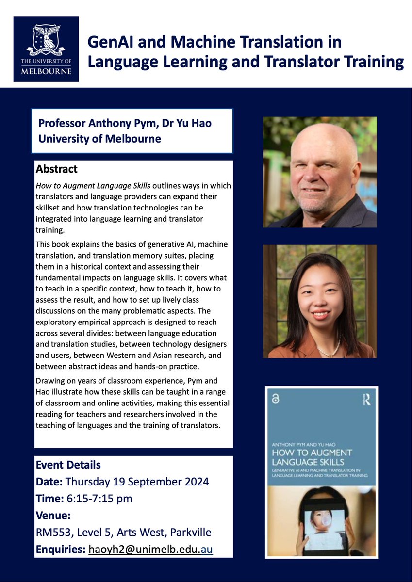 Book presentation in Melbourne: 
GenAI and Machine Translation in Language Learning and Translator Training
Thursday, 19 September
Yu Hao and Anthony Pym 6:15 PM - 7:15 PM AEST
eventbrite.com.au/e/genai-and-ma…