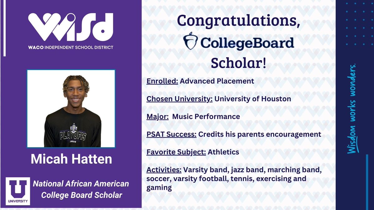 CONGRATULATIONS to Micah Hatten of University High for his exceptional achievement as a National African American College Board Scholar. His dedication to academic excellence and participation in various extracurricular activities is truly impressive. Well done! #LeadForResults