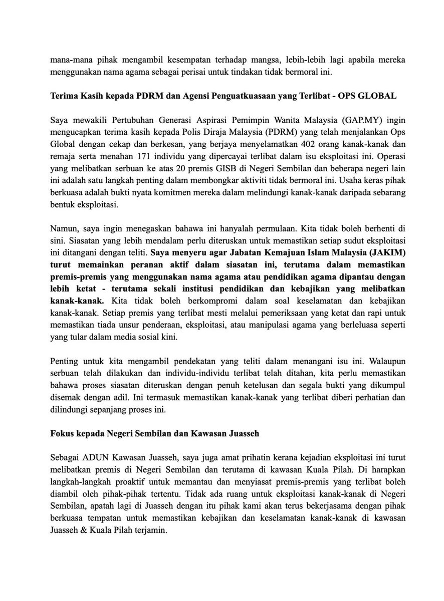 GAPmys's tweet photo. ISU GISB: Eksploitasi Kanak-kanak Pihak bertanggungjawab perlu diambil tindakan tegas.
KENYATAAN MEDIA YB PUAN SRI BIBI SHARLIZA, PRESIDEN PERTUBUHAN GENERASI ASPIRASI PEMIMPIN WANITA MALAYSIA (https://t.co/Teq8W35ub2) MERANGKAP ADUN KAWASAN JUASSEH 

#Kanakkanak #endthisnow https://t.co/OEehPbcTW9