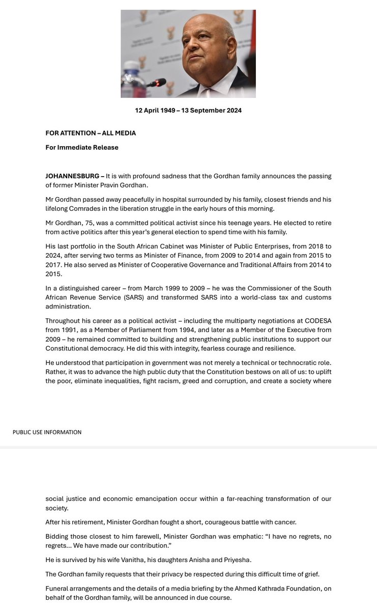 BREAKING 

Former Public Enterprises Minister #PravinGordhan has passed away, his family has announced.

 He was 75 years old.

#sabcnews