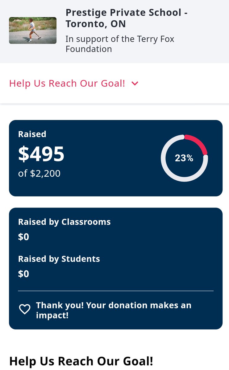 Prestige students have raised almost $500 in a week for <a href="/TerryFoxCanada/">Terry Fox Foundation</a>! An amazing start to this year's challenge. Students have two more weeks to raise $2 200. Help us reach our goal so students can pie Mrs. Amanda!
