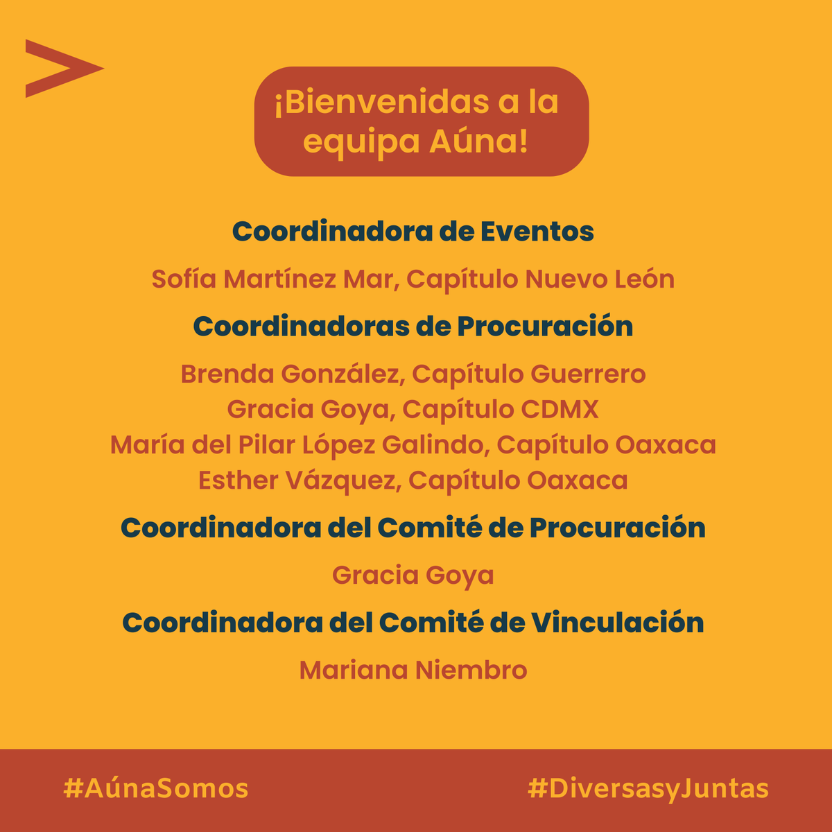 Bienvenidas a la equipa de Aúna México. Gracias por sumar y hacer más fuerte nuestra red con tu innovación, trabajo y tiempo.

<a href="/adyproletaria/">Adriana SalazarRivas💚💜</a>
<a href="/ximenaperedor/">Ximena Peredo</a>
<a href="/SoyMarAlvarez/">Mar Álvarez 💚</a>
<a href="/ItzelHermida/">Itzel Hermida 💚</a>
<a href="/alma_gherrera/">Alma Herrera</a>
<a href="/RogeliaGLuis/">Rogelia González Luis</a>  
<a href="/brendadga/">Brenda González</a>
<a href="/GoyaGracia/">Gracia Goya</a>

#DiversasyJuntas #AúnaSomos