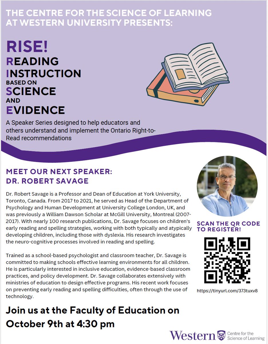 Centre for the Science of Learning (@scilearnuwo) on Twitter photo We are thrilled to announce that Dr. Robert Savage from <a href="/YorkUeducation/">York University Education</a> will be the next speaker in our RISE speaker series! Save the date and register. See details below. We are thrilled to announce that Dr. Robert Savage from <a href="/YorkUeducation/">York University Education</a> will be the next speaker in our RISE speaker series! Save the date and register. See details below.