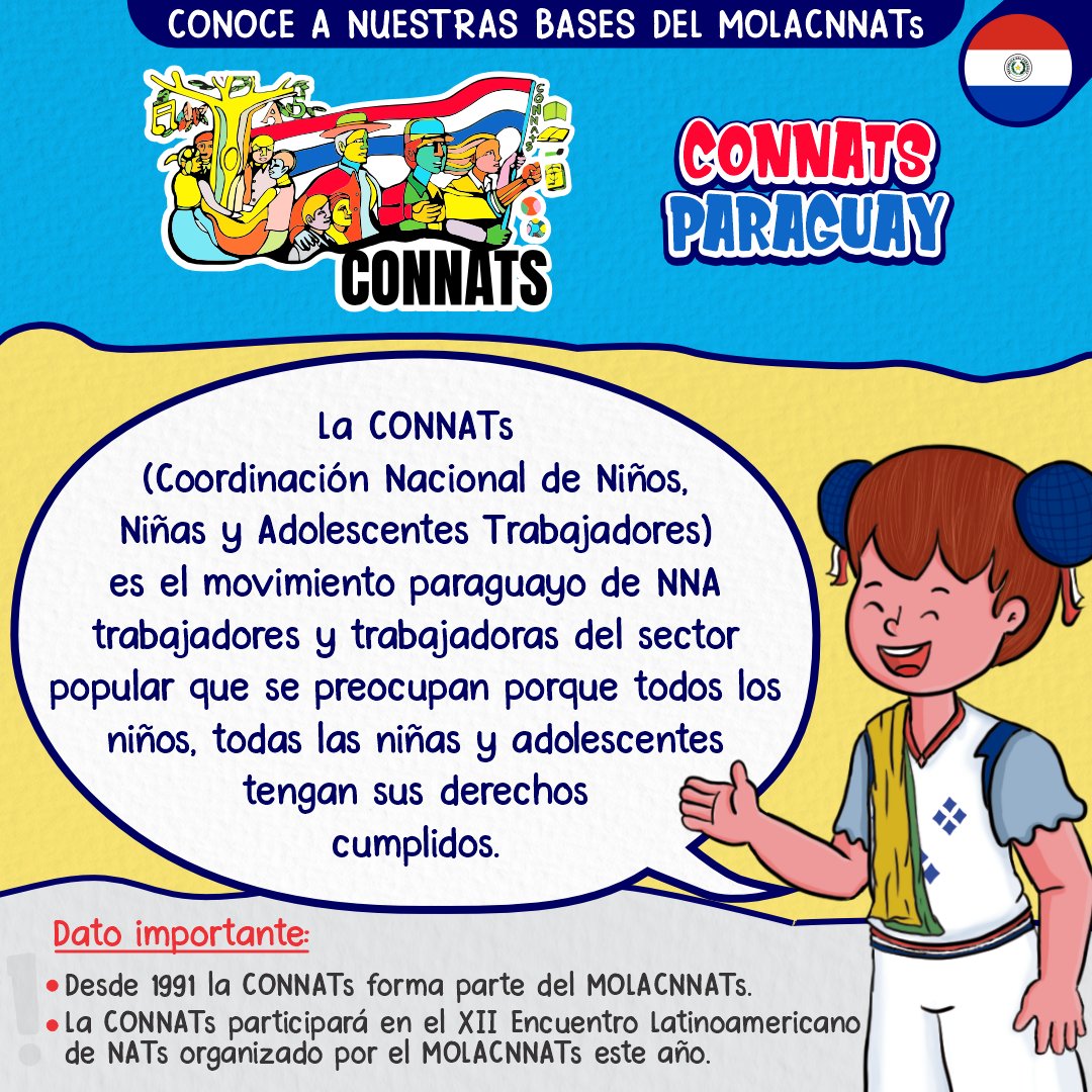 molacnats's tweet photo. ¡Conoce a las bases del MOLACNNATS! ✨

La CONNATS de Paraguay, base del MOLACNNATs, participará en el XII Encuentro Latinoamericano de NNATs organizado por el MOLACNNATS  este año, del 13 al 19 de octubre en Lima, Perú. 

#NuestrasBases 💙💛
#EncuentroLatinoamericano ✨ https://t.co/SkMdCg2zOw